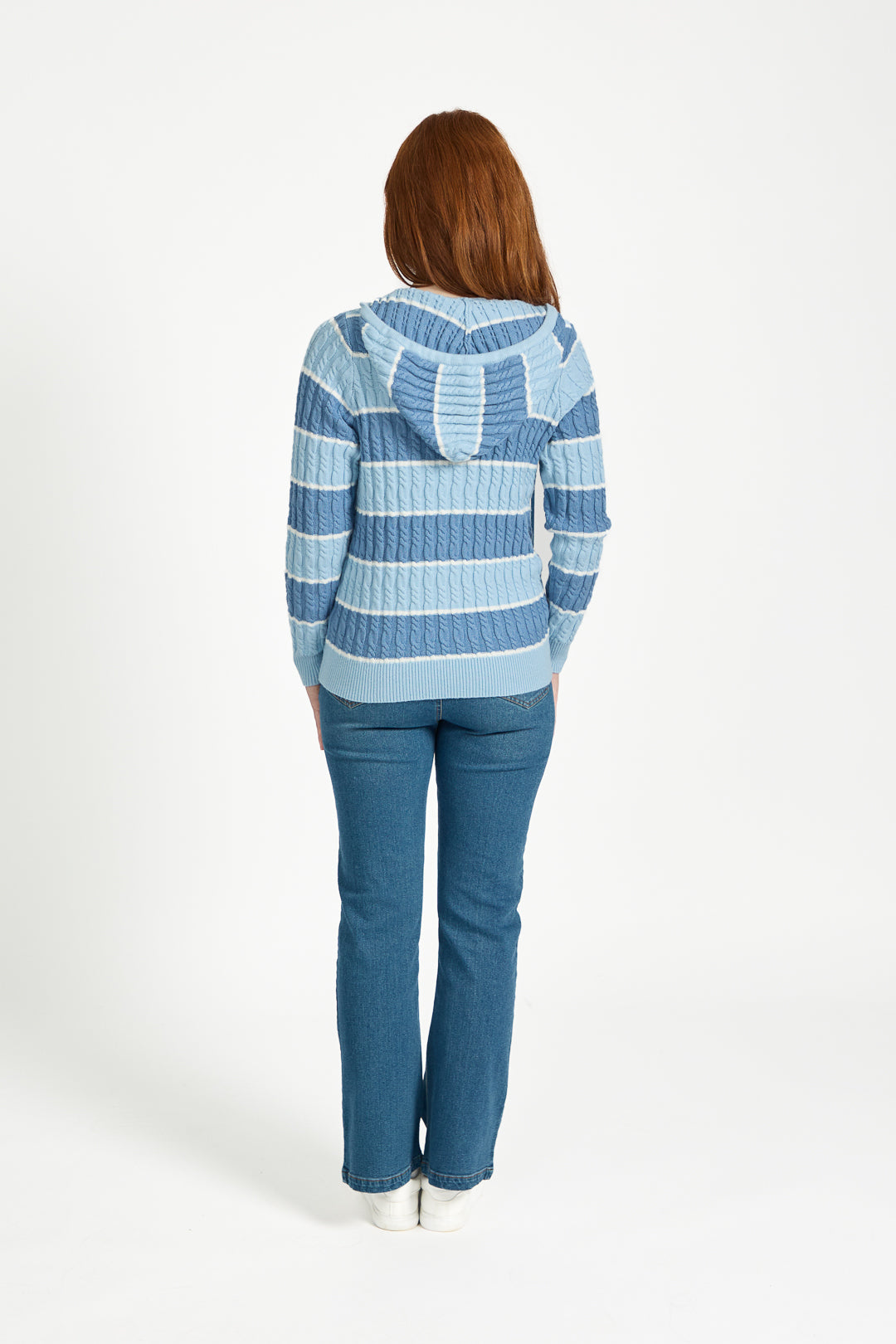 Stripe Cable-Knit Zip-Up Hooded Cardigan