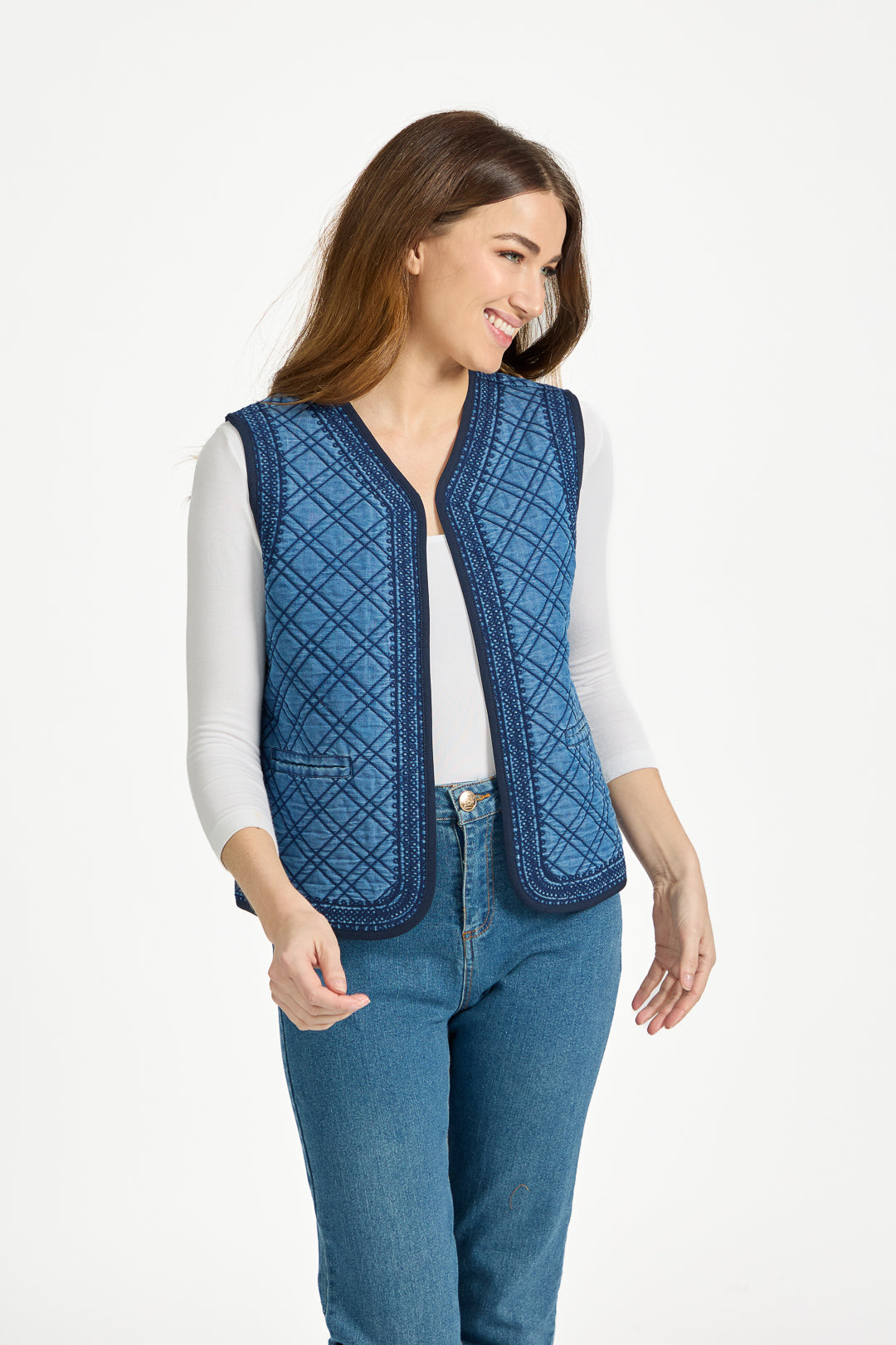 Denim Quilted Embroidered Gilet