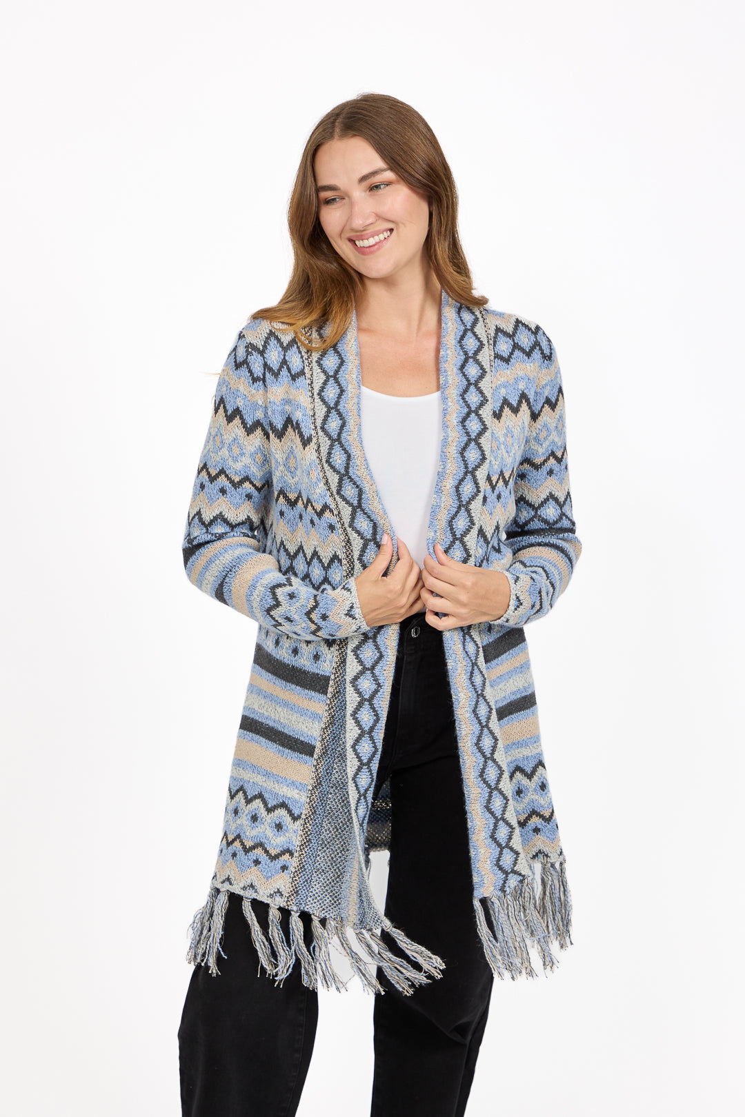Aztec Print Bordered Fringed Longline Cardigan