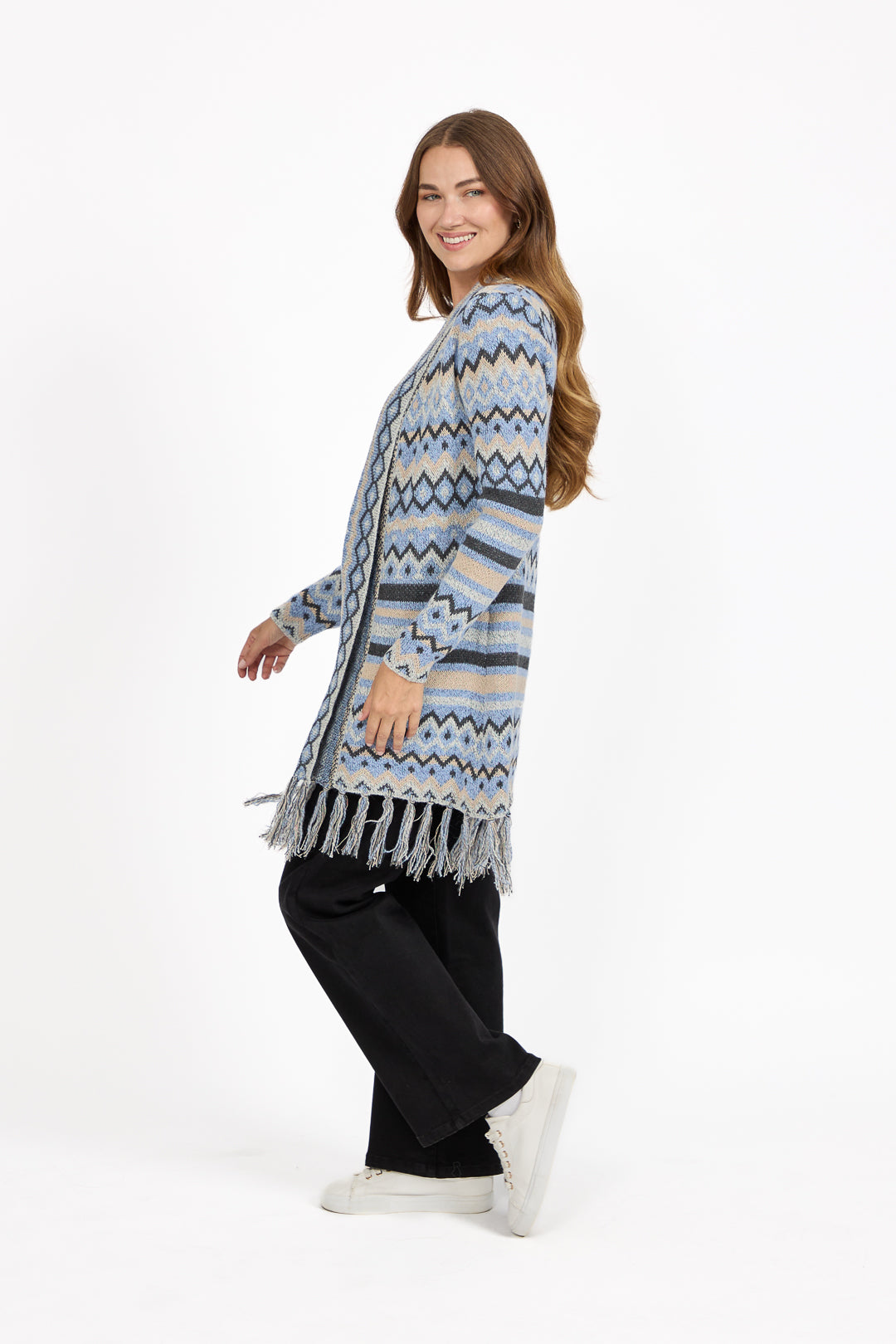 Aztec Print Bordered Fringed Longline Cardigan