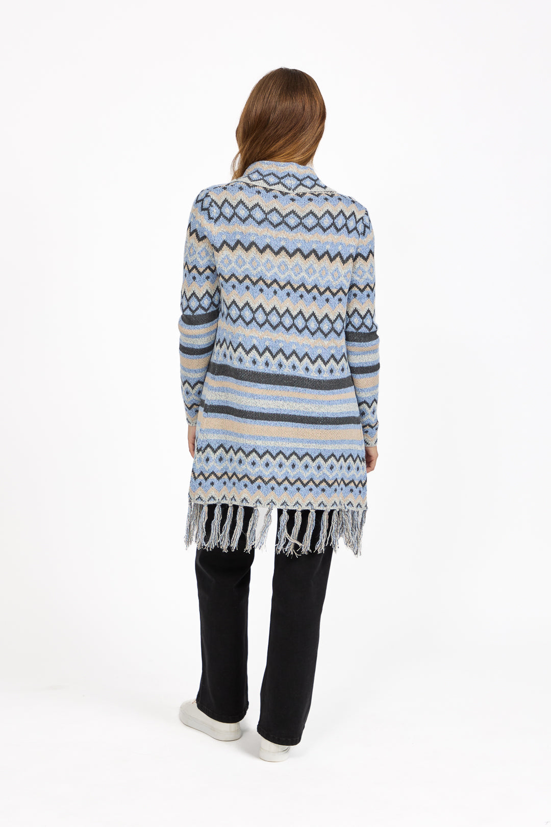 Aztec Print Bordered Fringed Longline Cardigan