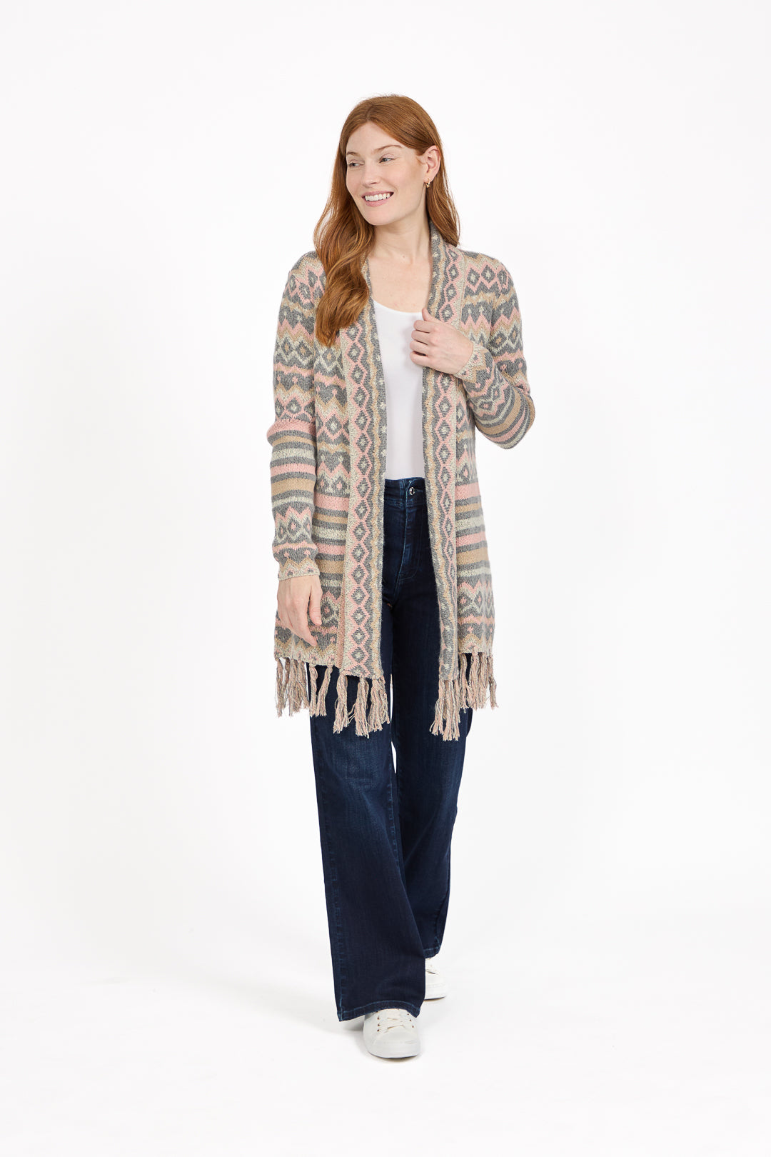 Aztec Print Bordered Fringed Longline Cardigan