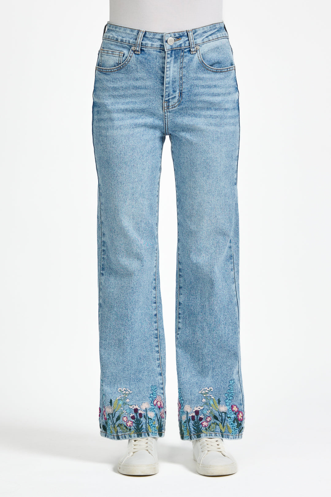 Floral Embroidered Wide Leg Denim Jeans