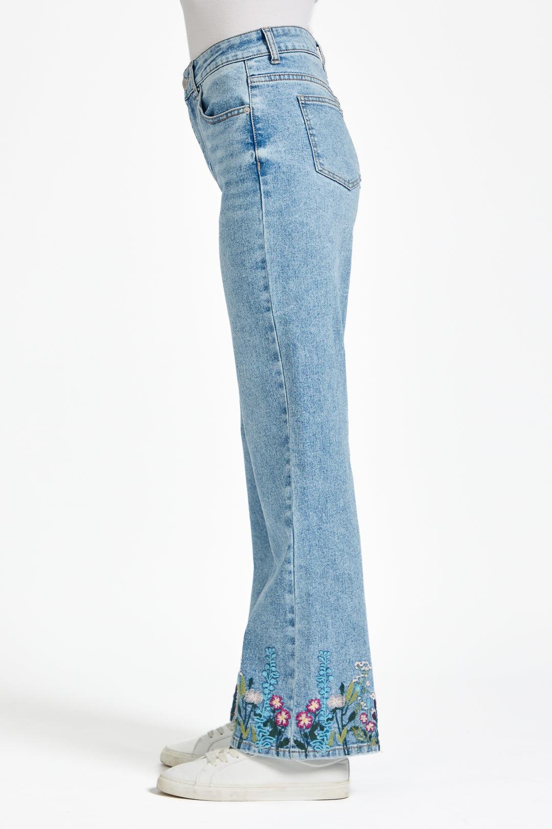 Floral Embroidered Wide Leg Denim Jeans