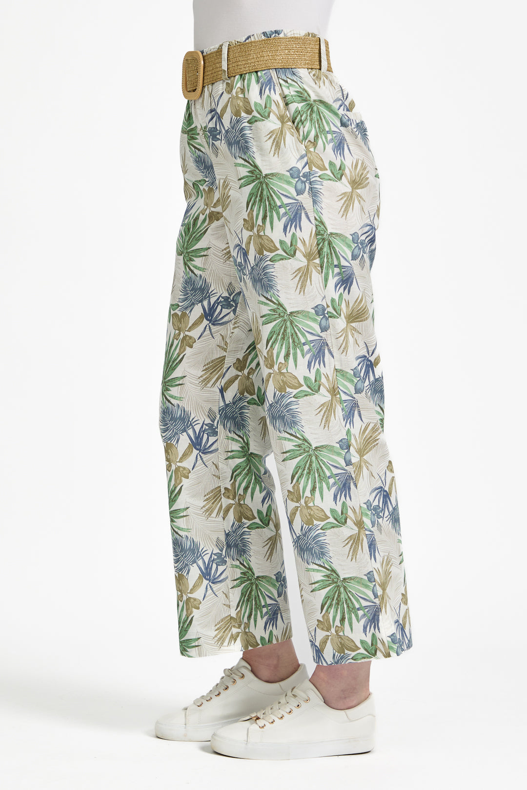 Palm Print Linen Blend Wide Leg Trousers with Belt