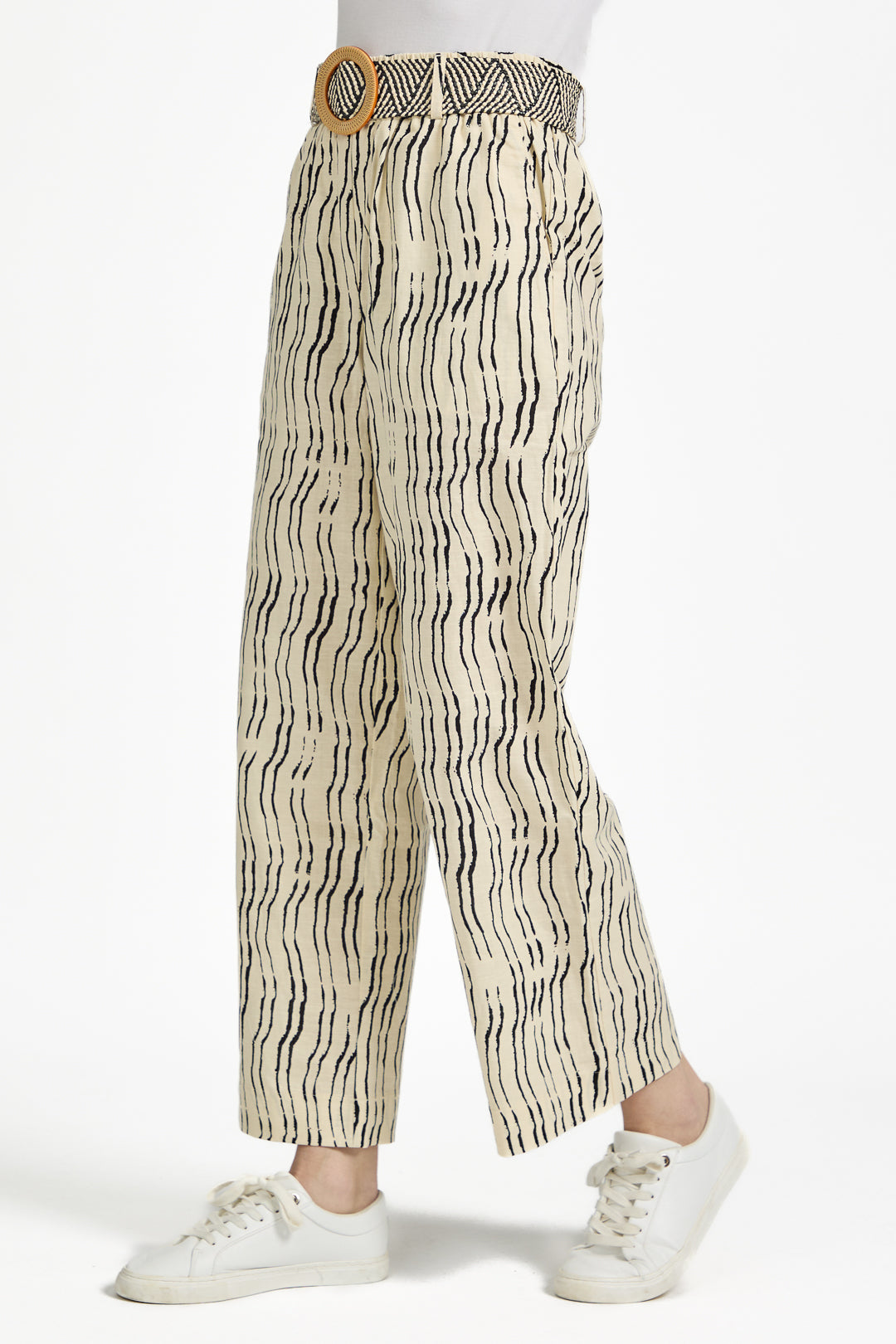 Stroke Print Wide Leg Trousers with Belt