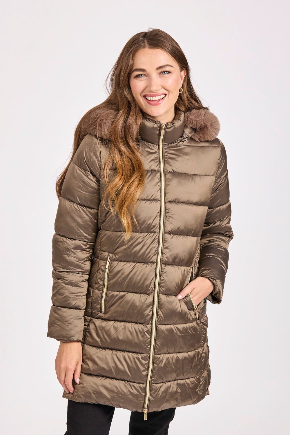 Quilted Long Jacket With Detachable Fur Hood