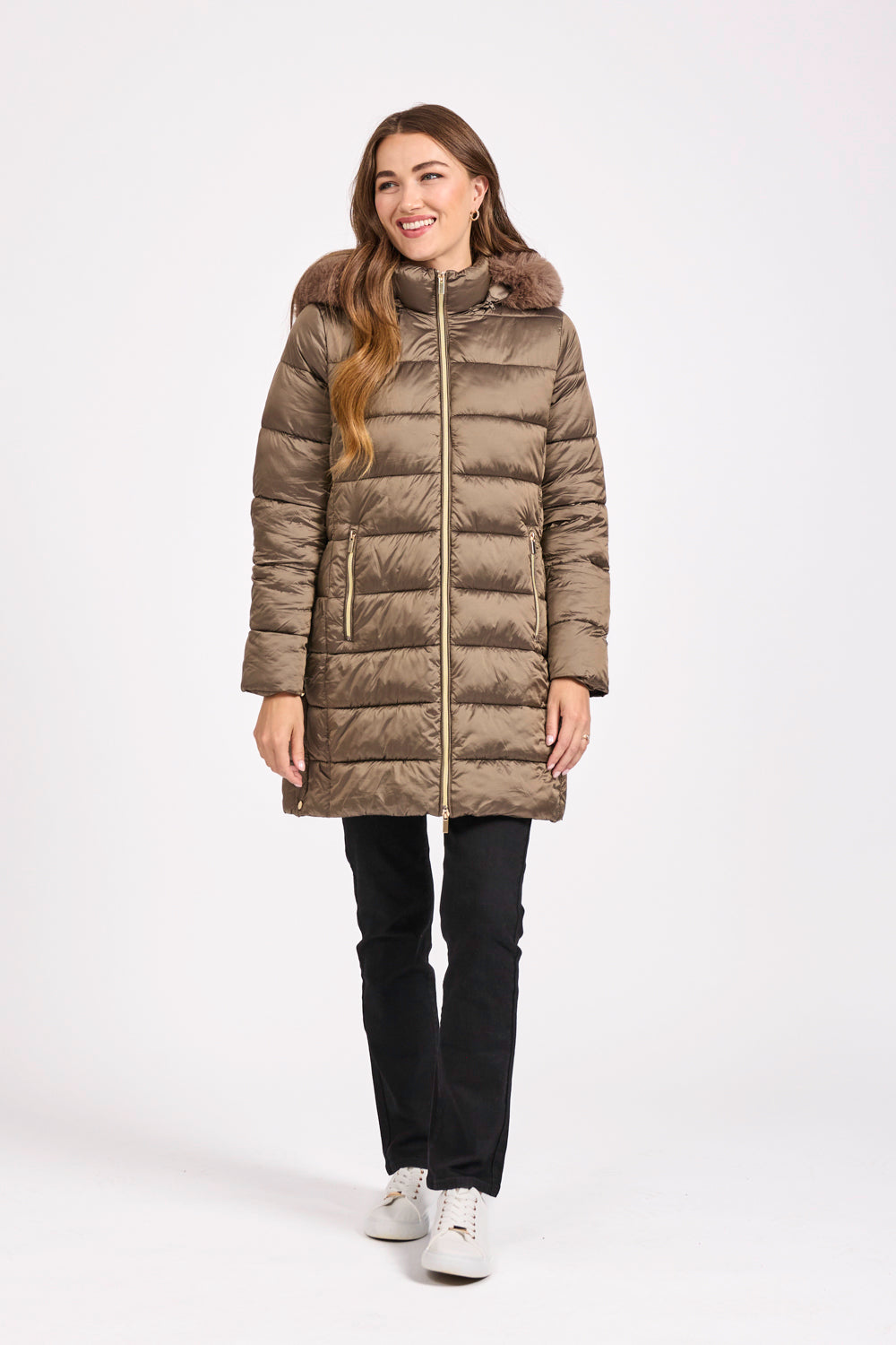 Quilted Long Jacket With Detachable Fur Hood