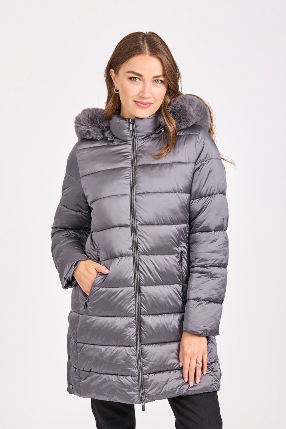 Quilted Long Jacket With Detachable Fur Hood