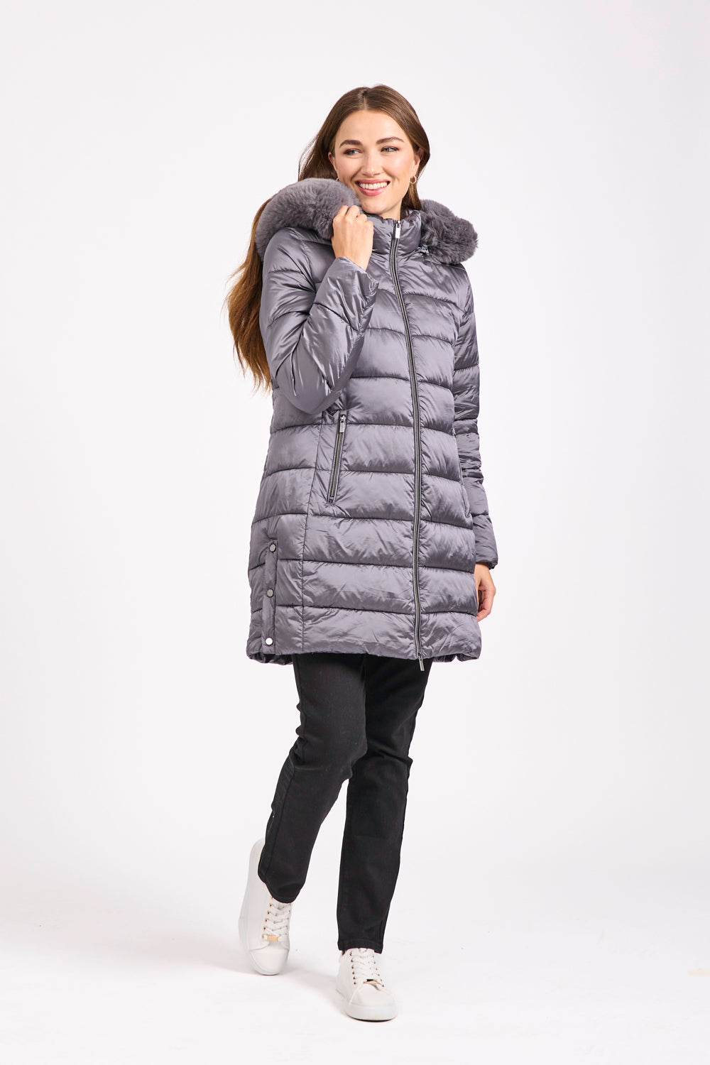 Quilted Long Jacket With Detachable Fur Hood