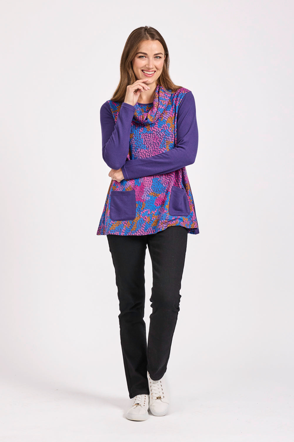 Abstract Print Cowl Neck Top