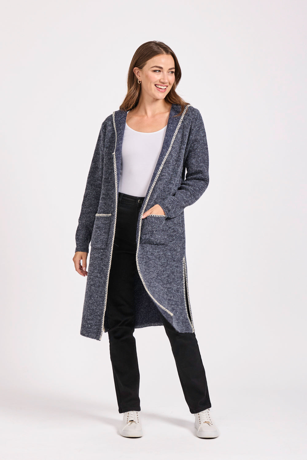 Blanket Stitch Cardigan With Hood