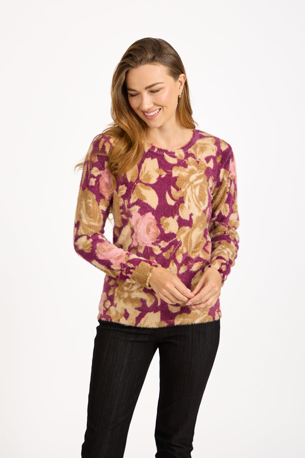 Rose Print Fluffy Yarn Jumper