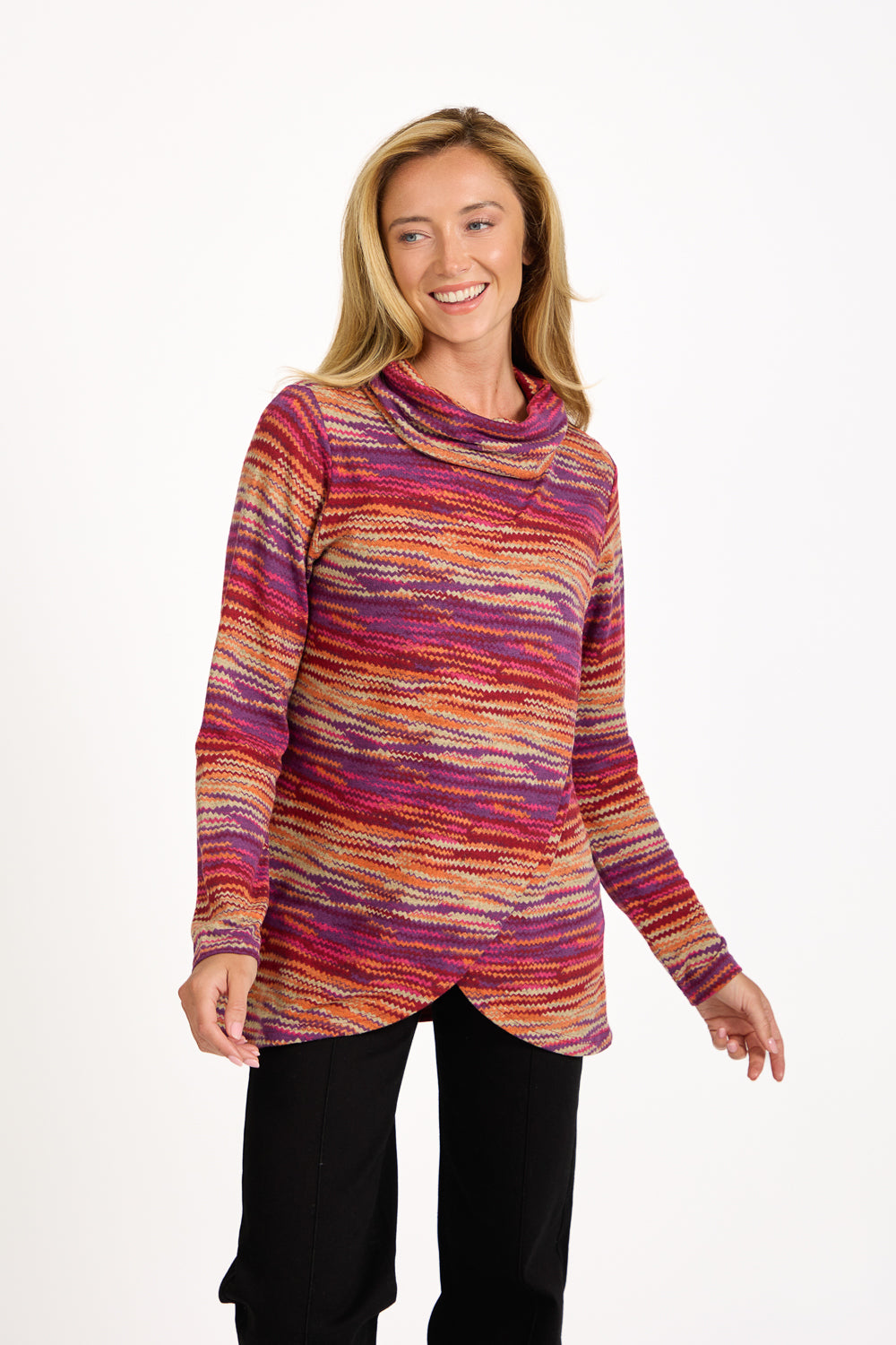 Staggered Print Cowl Neck Top