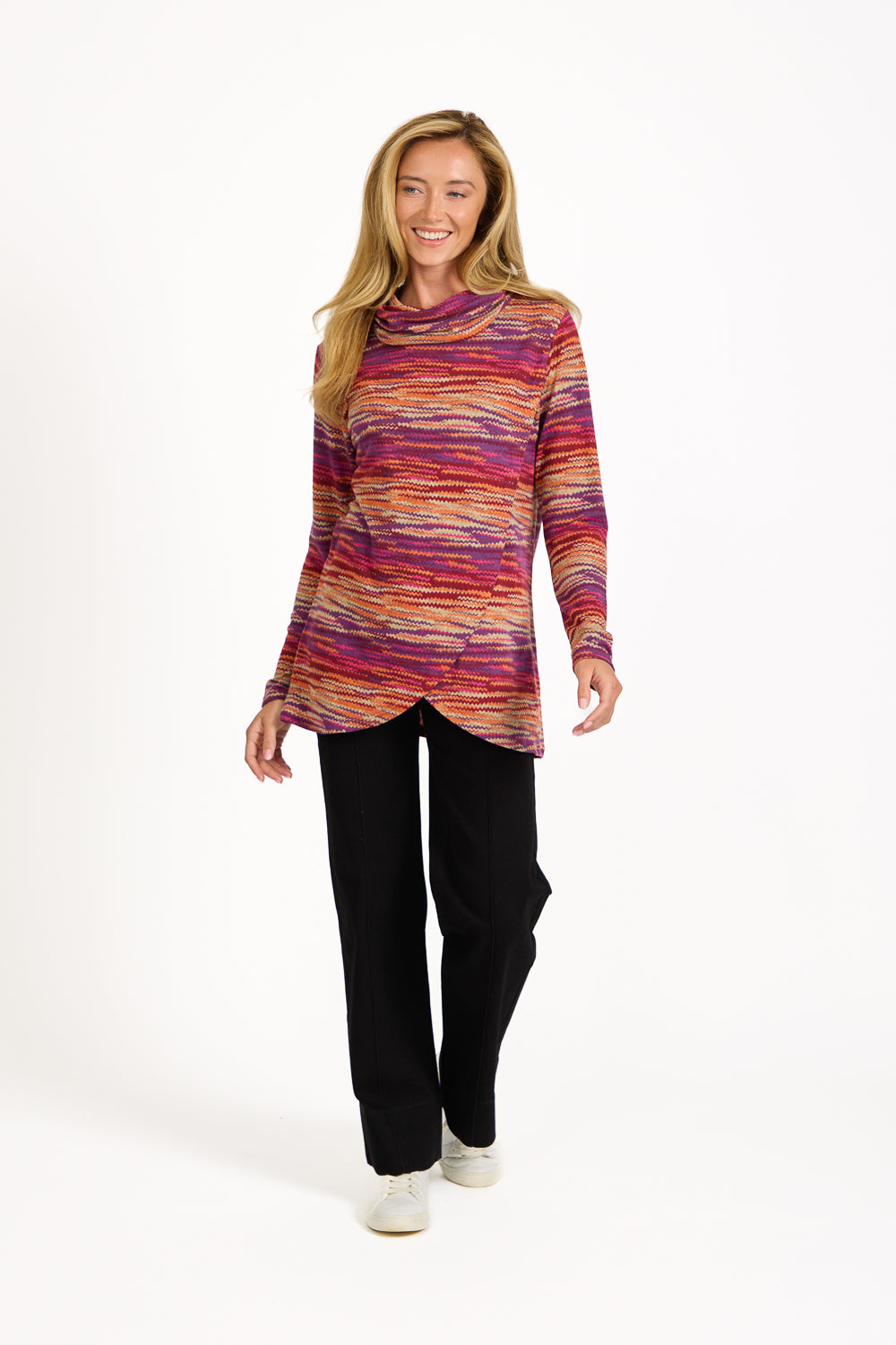 Staggered Print Cowl Neck Top