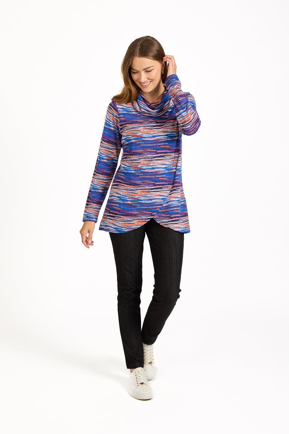 Staggered Print Cowl Neck Top