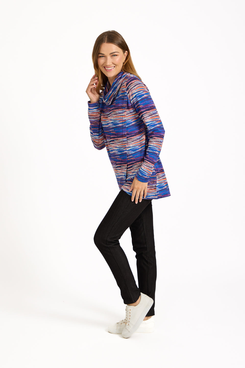 Staggered Print Cowl Neck Top