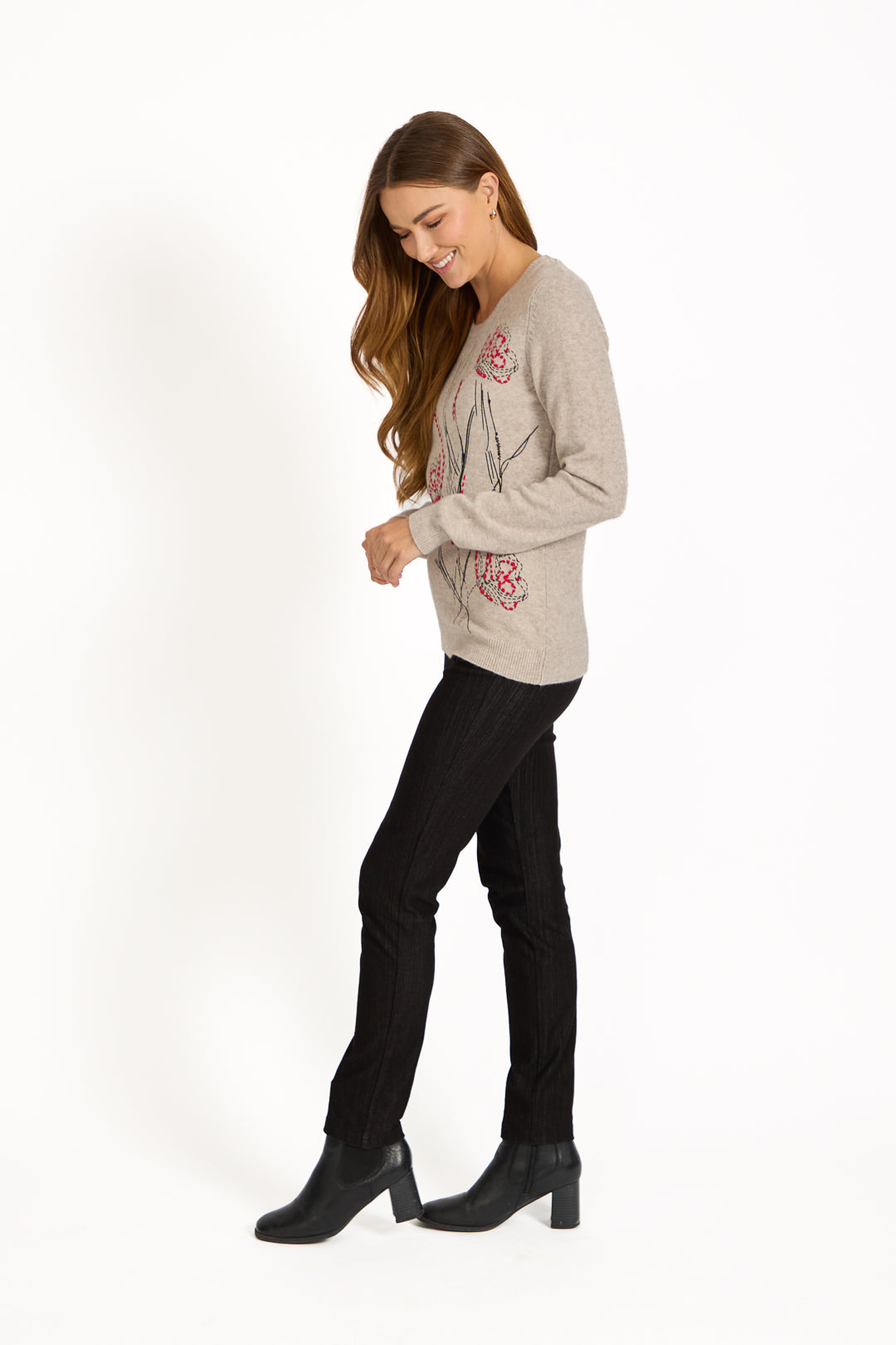 Floral Outline Stitch Detailed Jumper