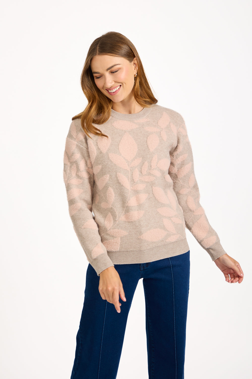 Leaf Print Fluffy Yarn Jumper
