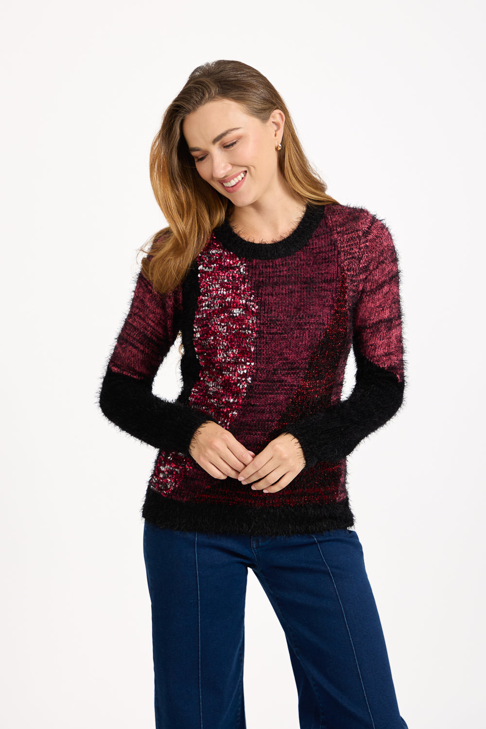 Colour Block Fluffy Yarn Jumper