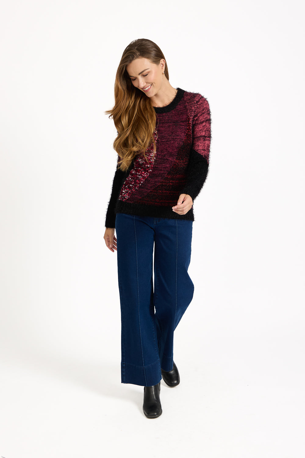 Colour Block Fluffy Yarn Jumper