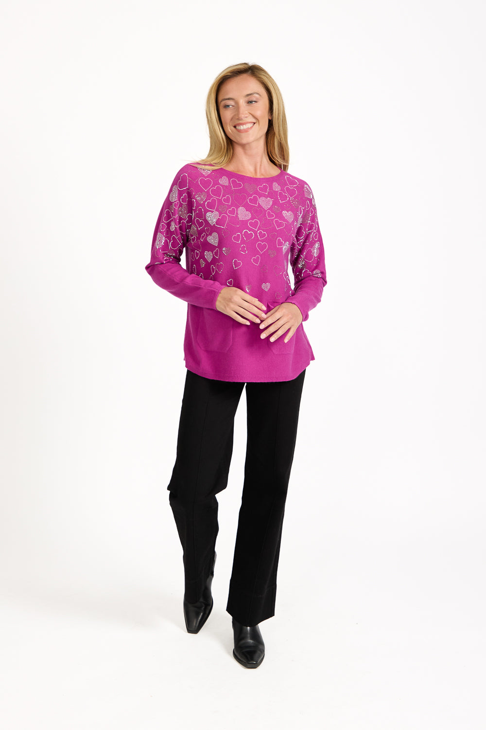 Heart Diamanté Embellished Batwing Pocket Jumper