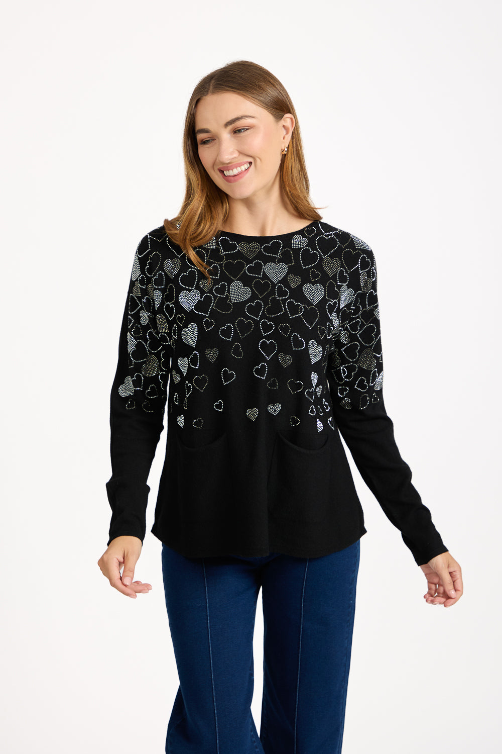 Heart Diamanté Embellished Batwing Pocket Jumper