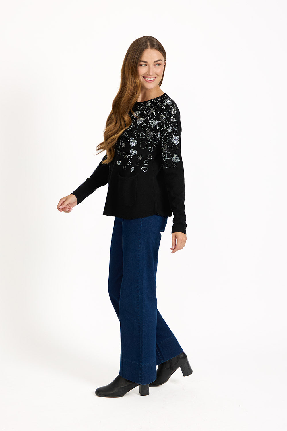 Heart Diamanté Embellished Batwing Pocket Jumper