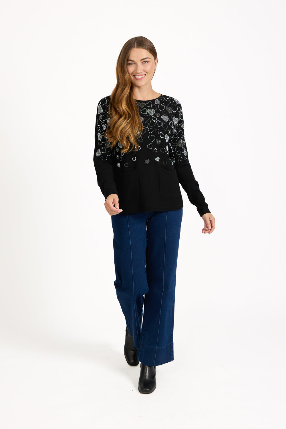 Heart Diamanté Embellished Batwing Pocket Jumper