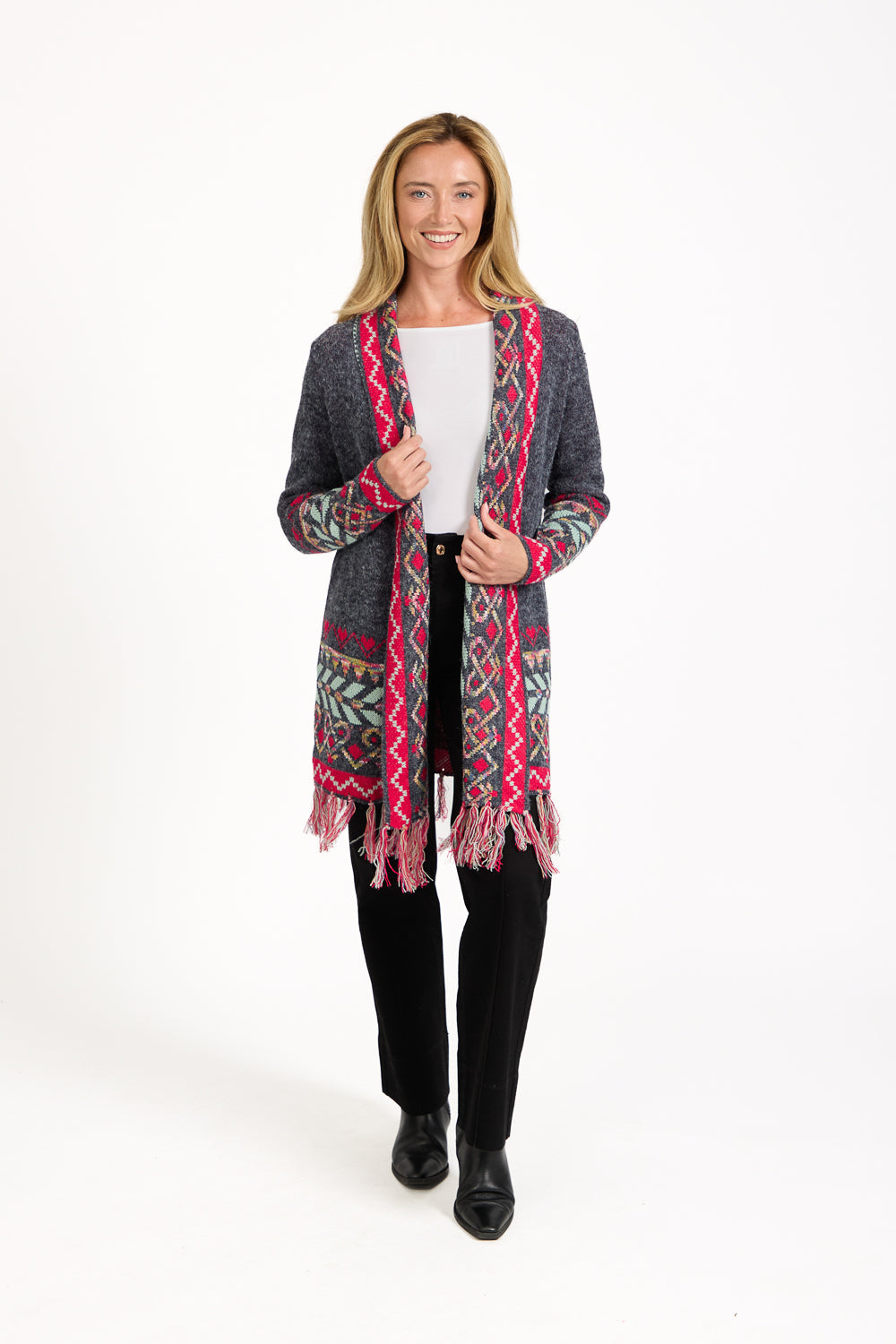 Aztec Bordered Fringed Longline Cardigan