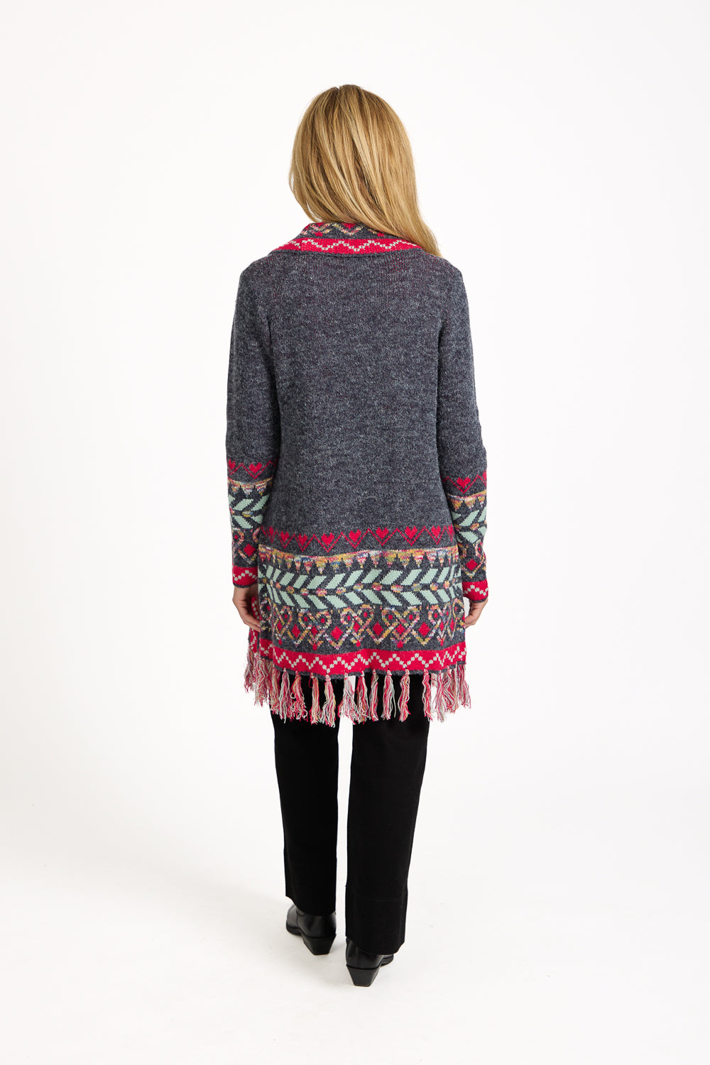 Aztec Bordered Fringed Longline Cardigan