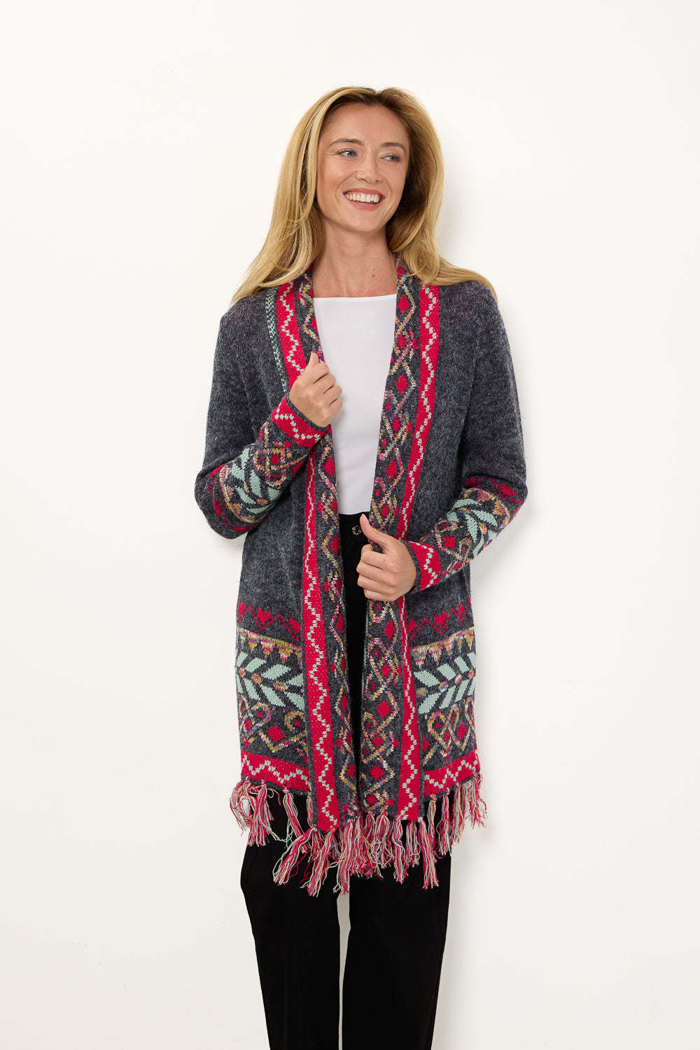Aztec Bordered Fringed Longline Cardigan