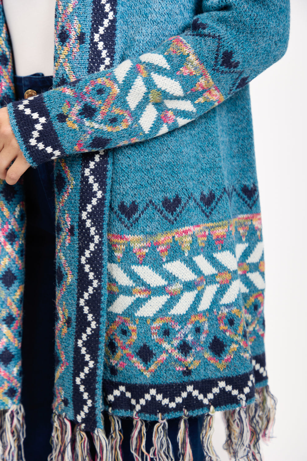 Aztec Bordered Fringed Longline Cardigan