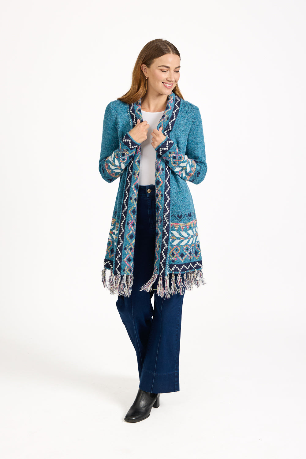 Aztec Bordered Fringed Longline Cardigan