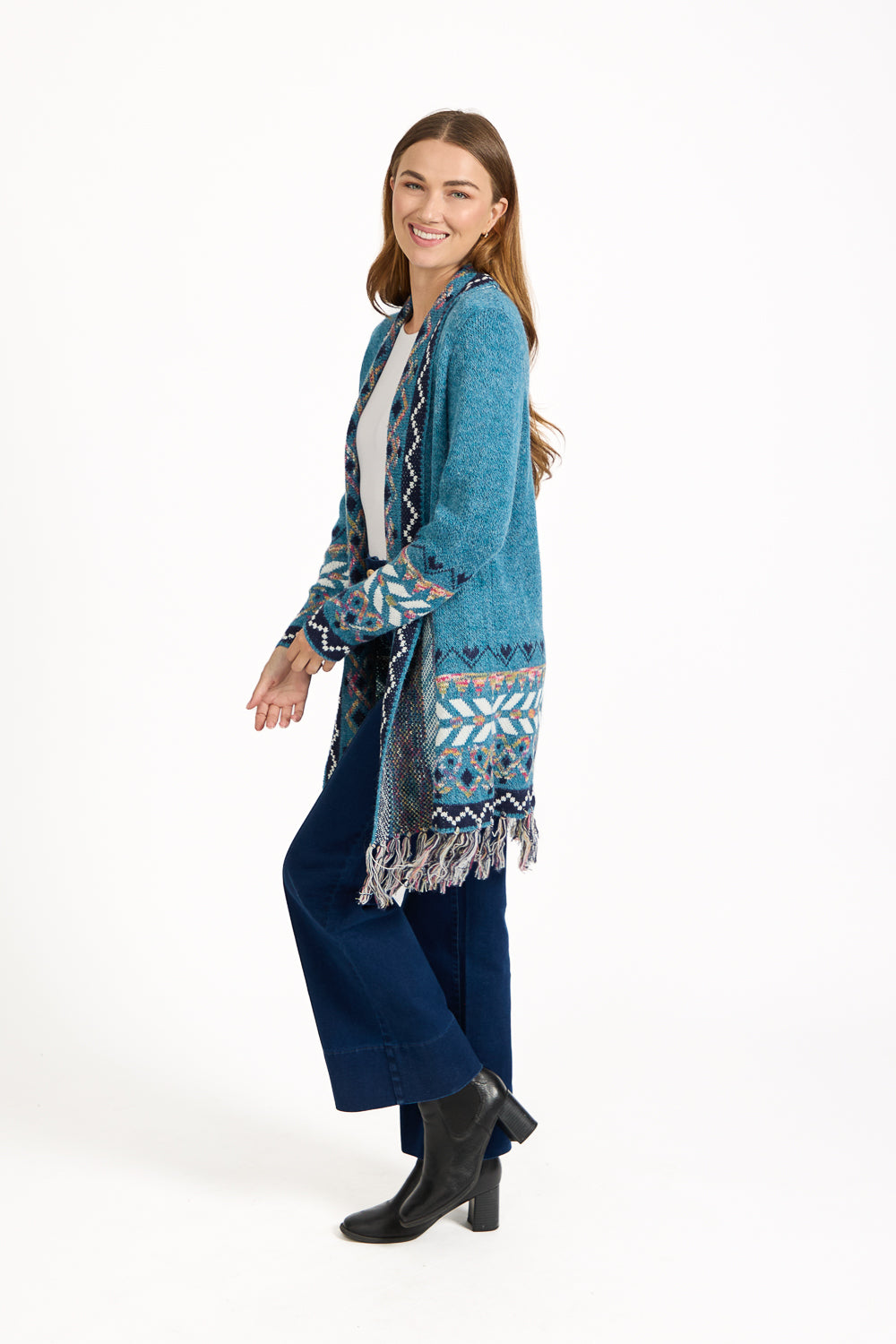 Aztec Bordered Fringed Longline Cardigan