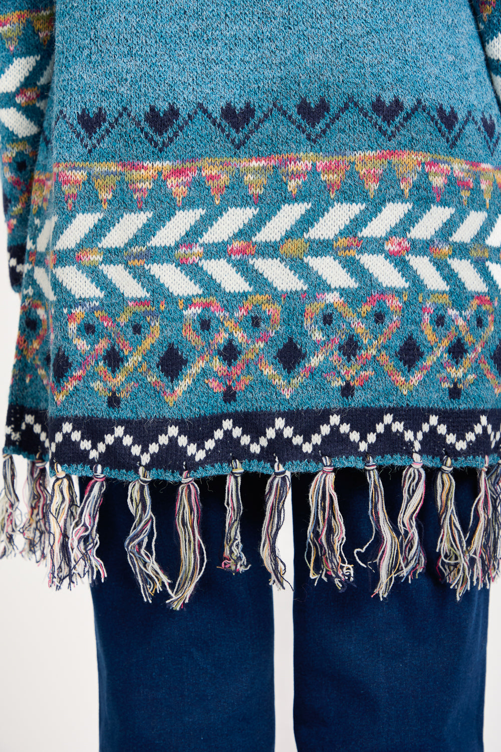 Aztec Bordered Fringed Longline Cardigan