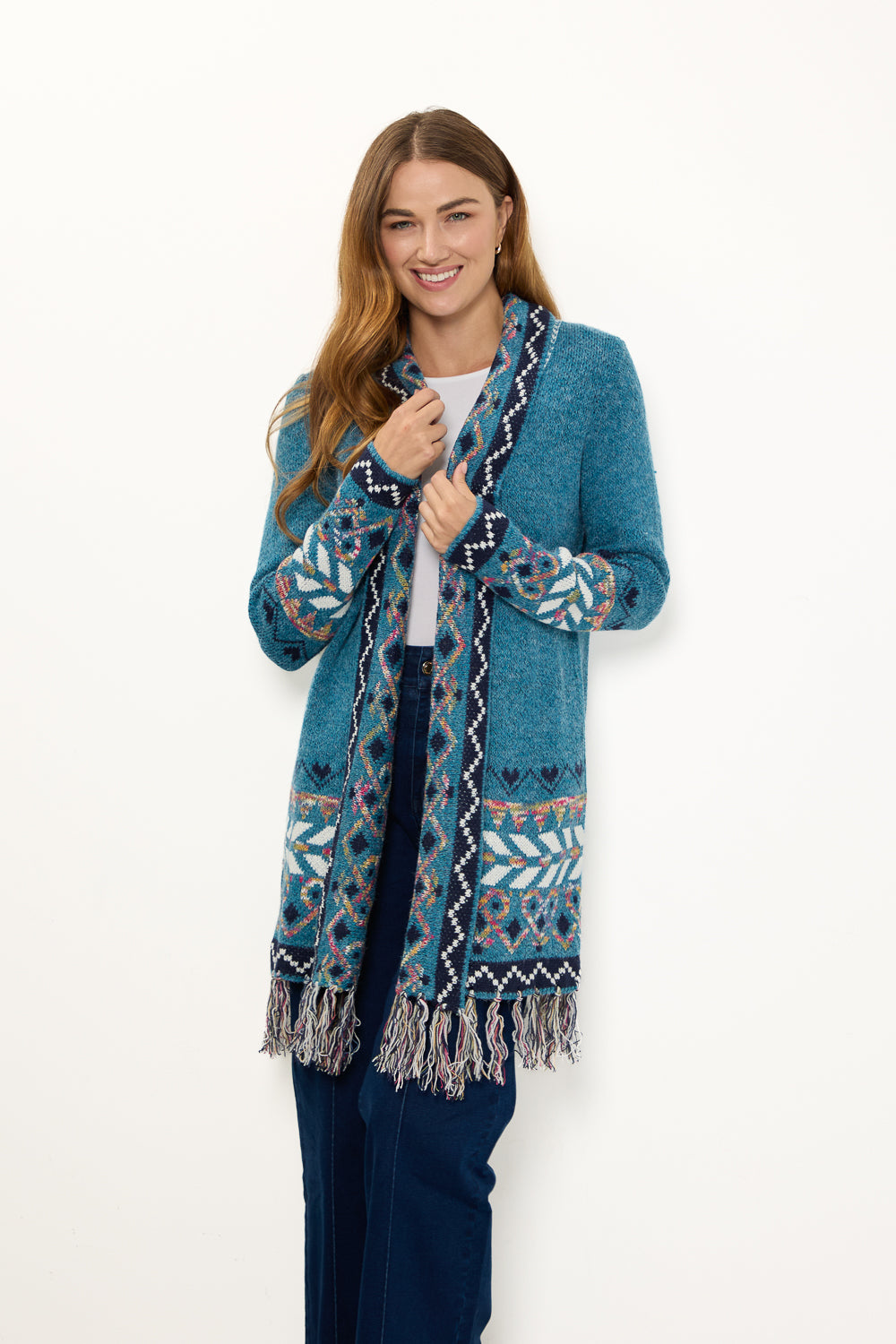 Aztec Bordered Fringed Longline Cardigan