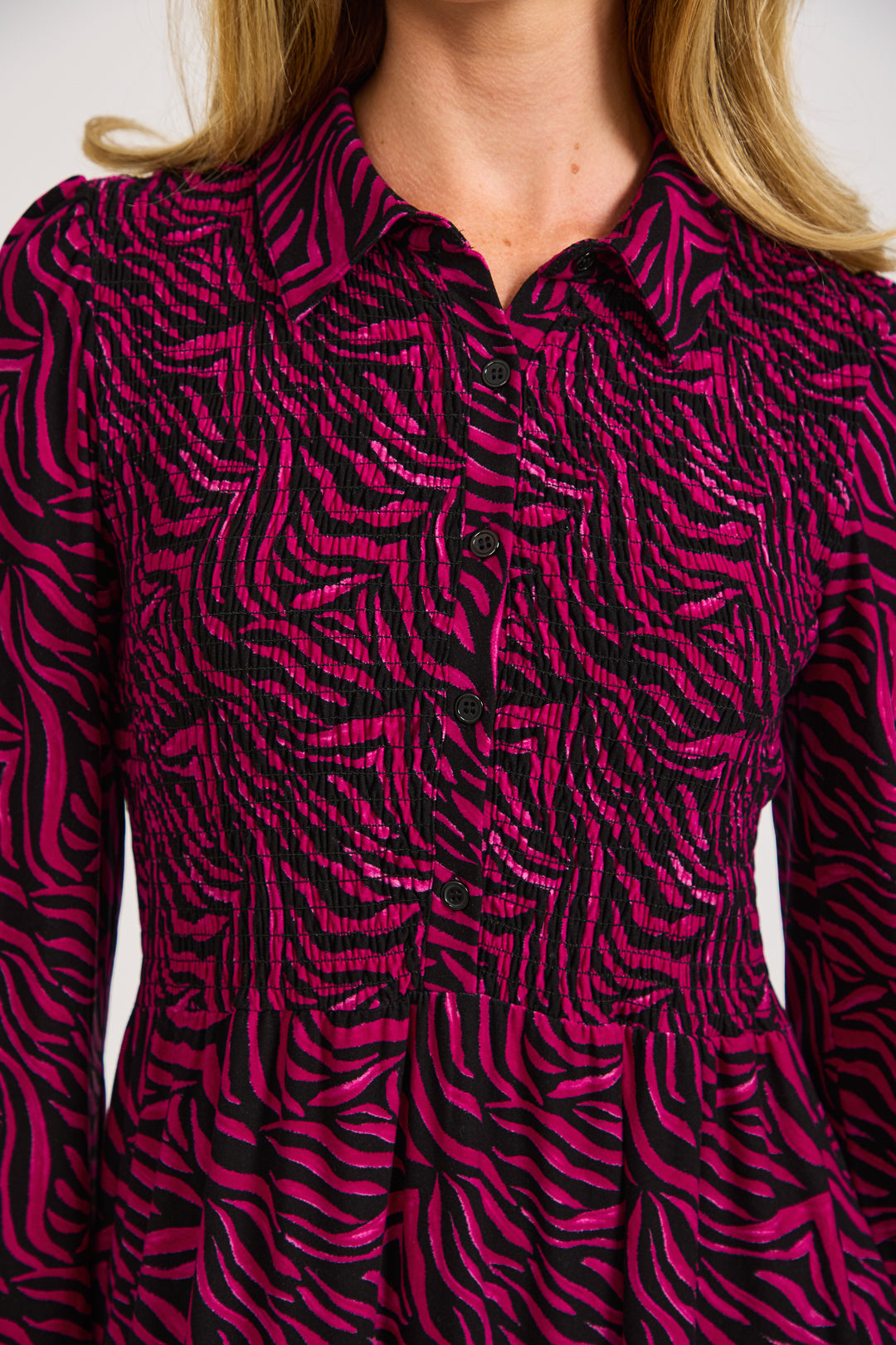 Zebra Print Soft Touch Shirred Bodice Button-Up Midi Dress
