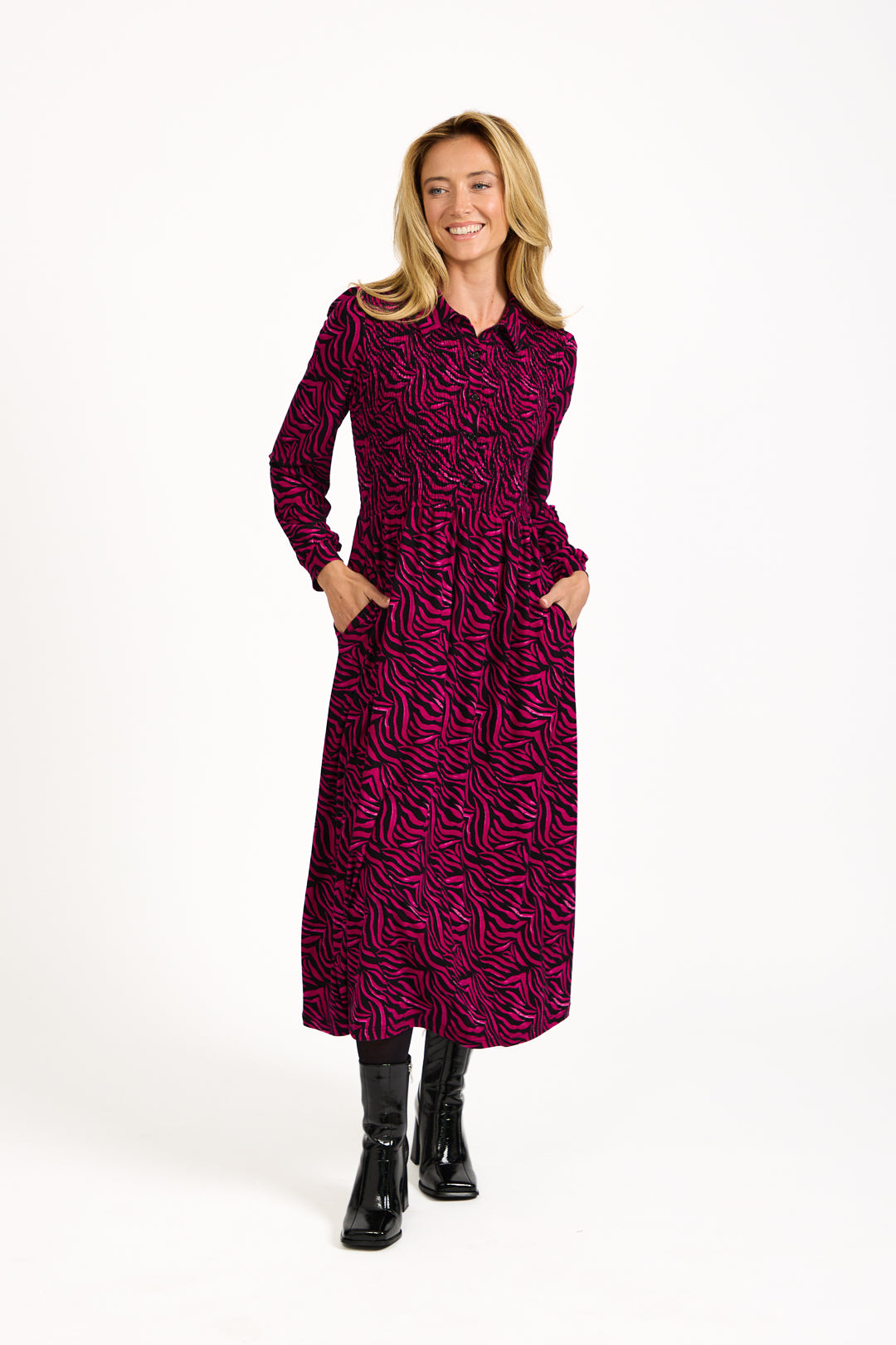 Zebra Print Soft Touch Shirred Bodice Button-Up Midi Dress