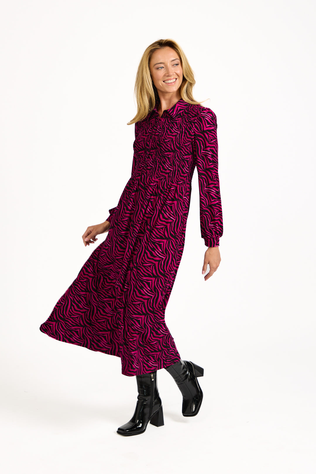 Zebra Print Soft Touch Shirred Bodice Button-Up Midi Dress
