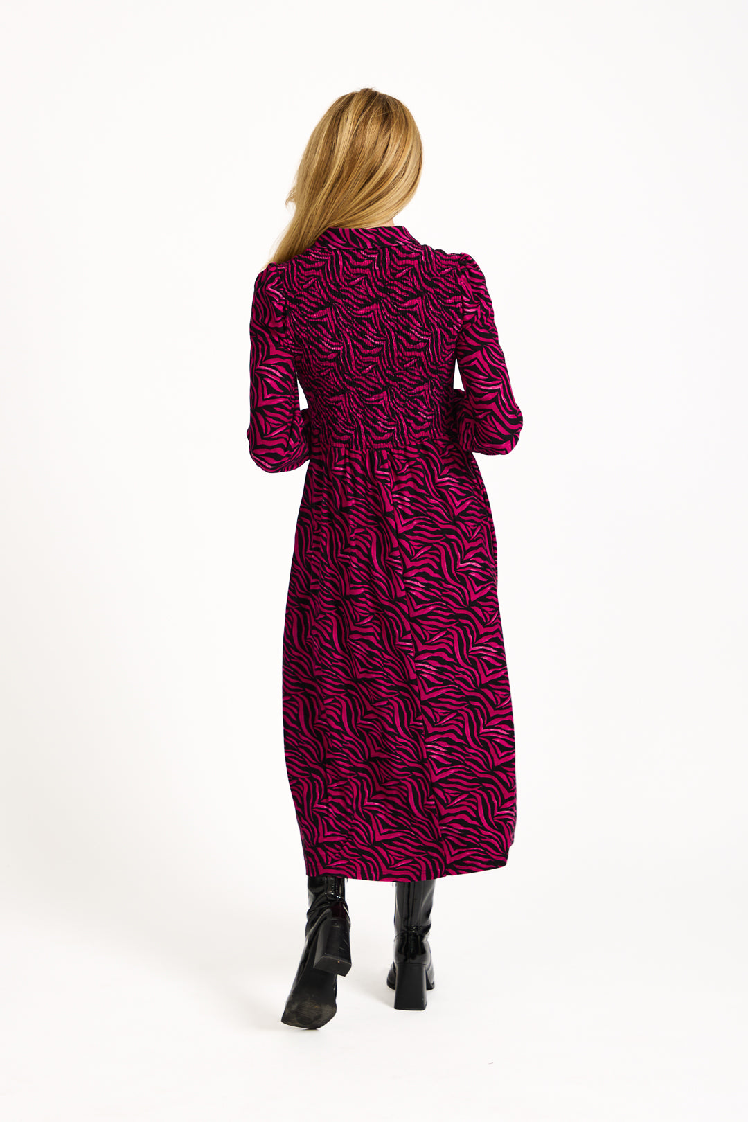 Zebra Print Soft Touch Shirred Bodice Button-Up Midi Dress