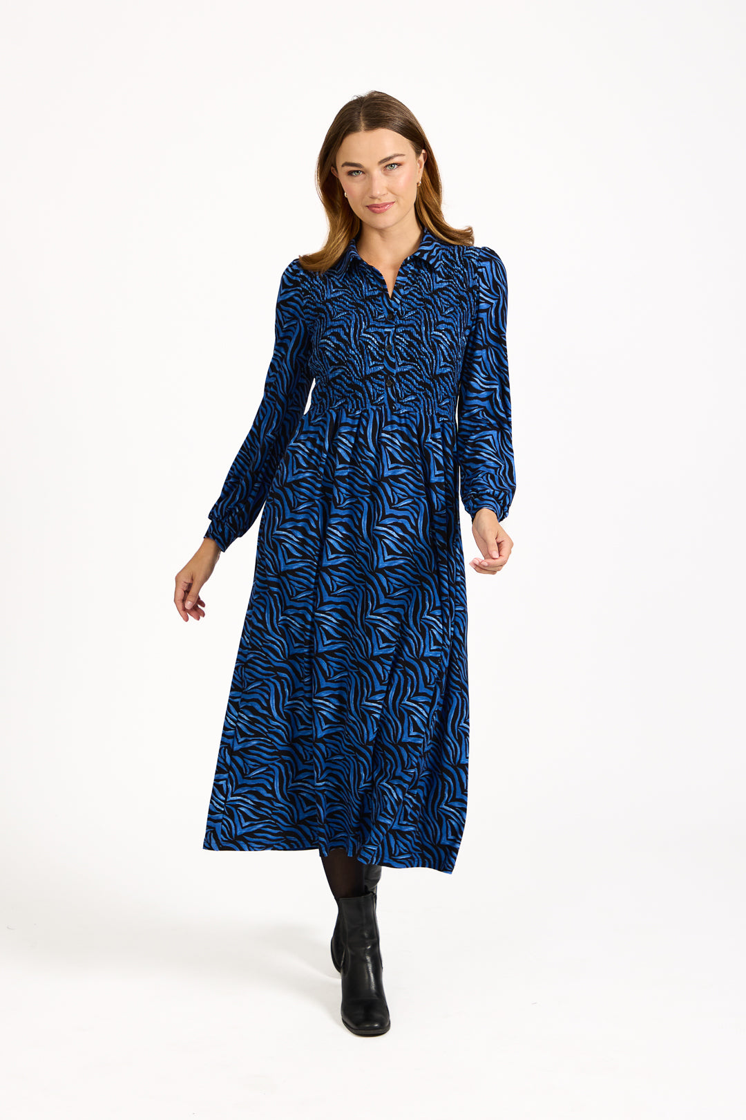 Zebra Print Soft Touch Shirred Bodice Button-Up Midi Dress