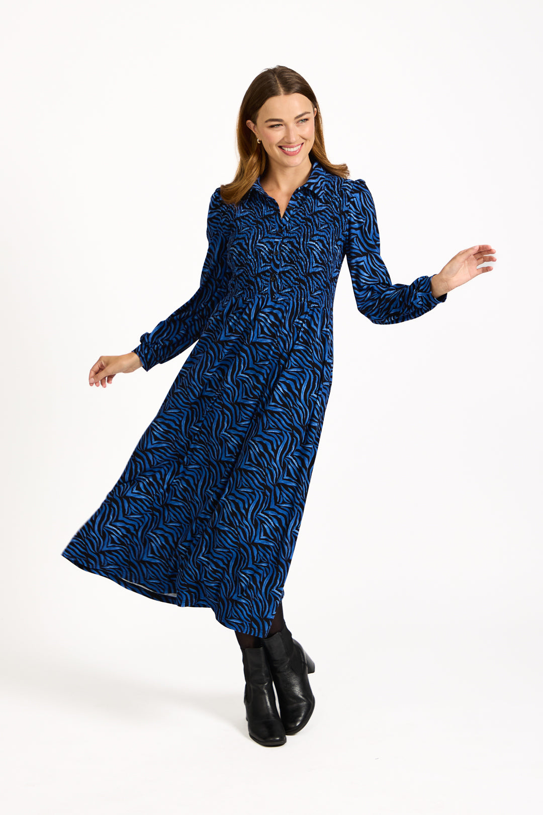 Zebra Print Soft Touch Shirred Bodice Button-Up Midi Dress