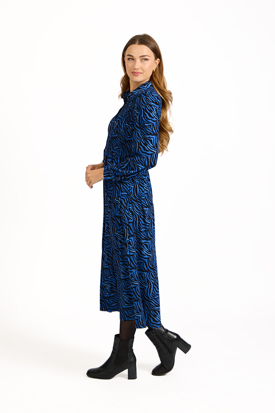 Zebra Print Soft Touch Shirred Bodice Button-Up Midi Dress