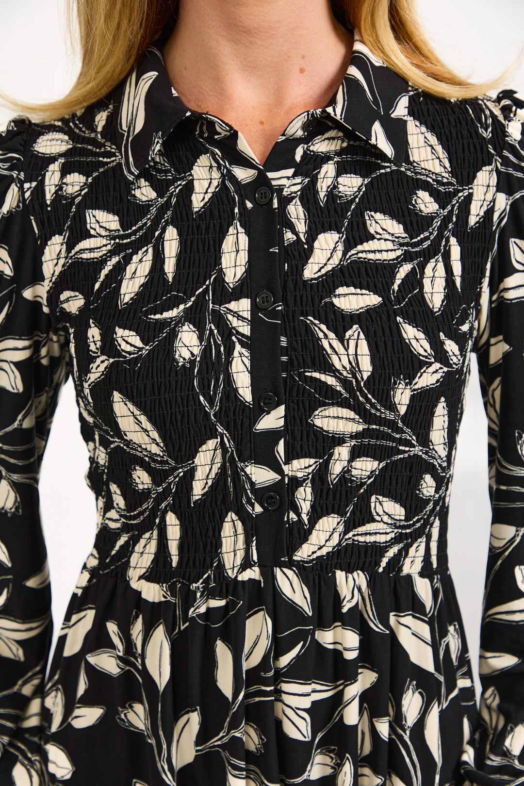 Leaf Print Soft Touch Shirred Bodice Button-Up Midi Dress