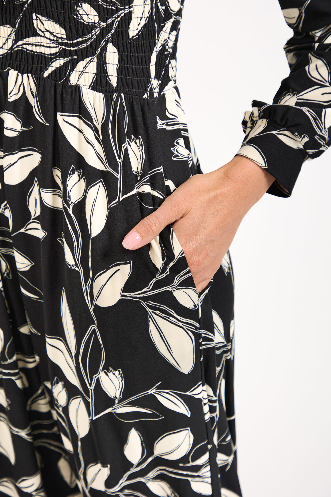 Leaf Print Soft Touch Shirred Bodice Button-Up Midi Dress