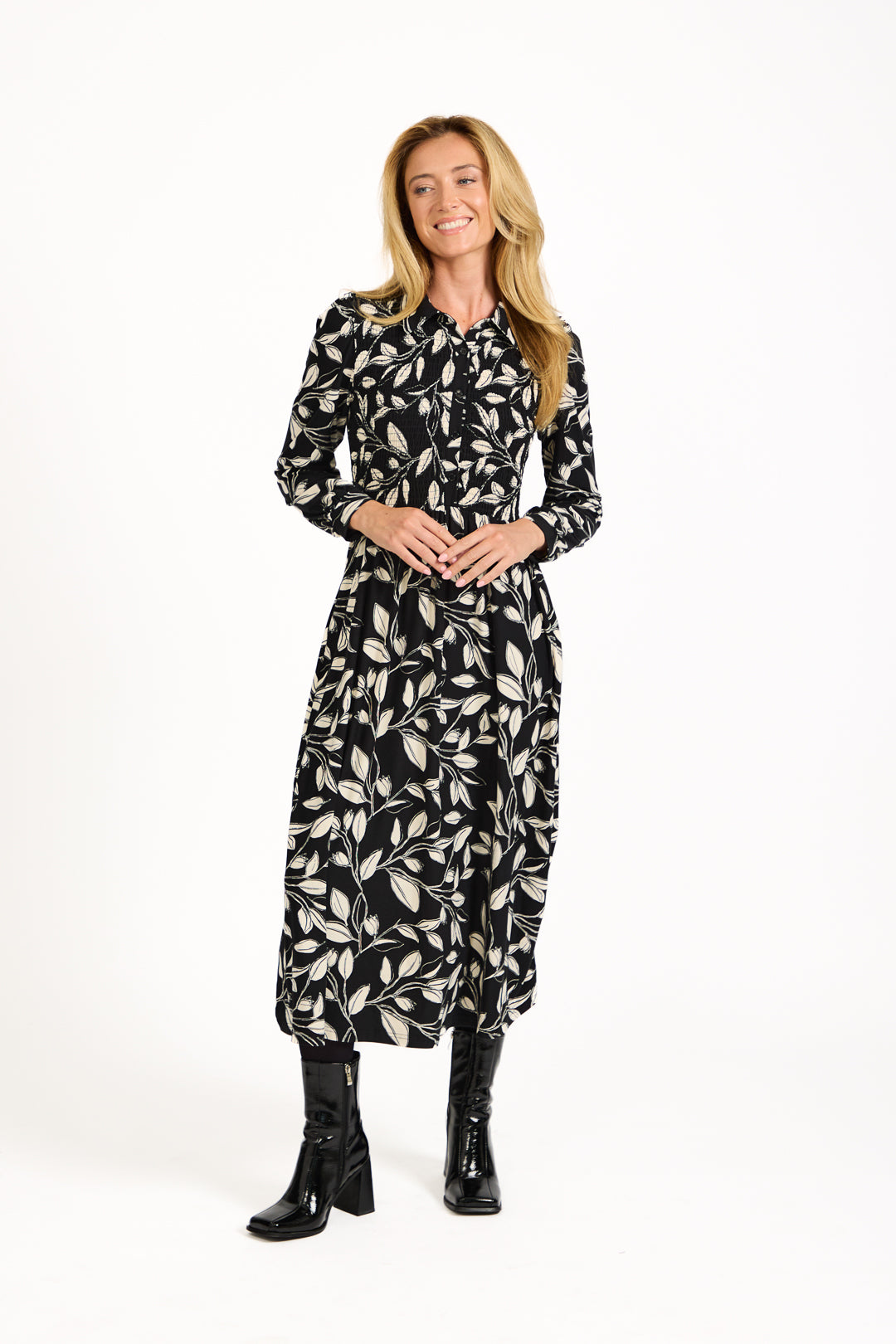 Leaf Print Soft Touch Shirred Bodice Button-Up Midi Dress