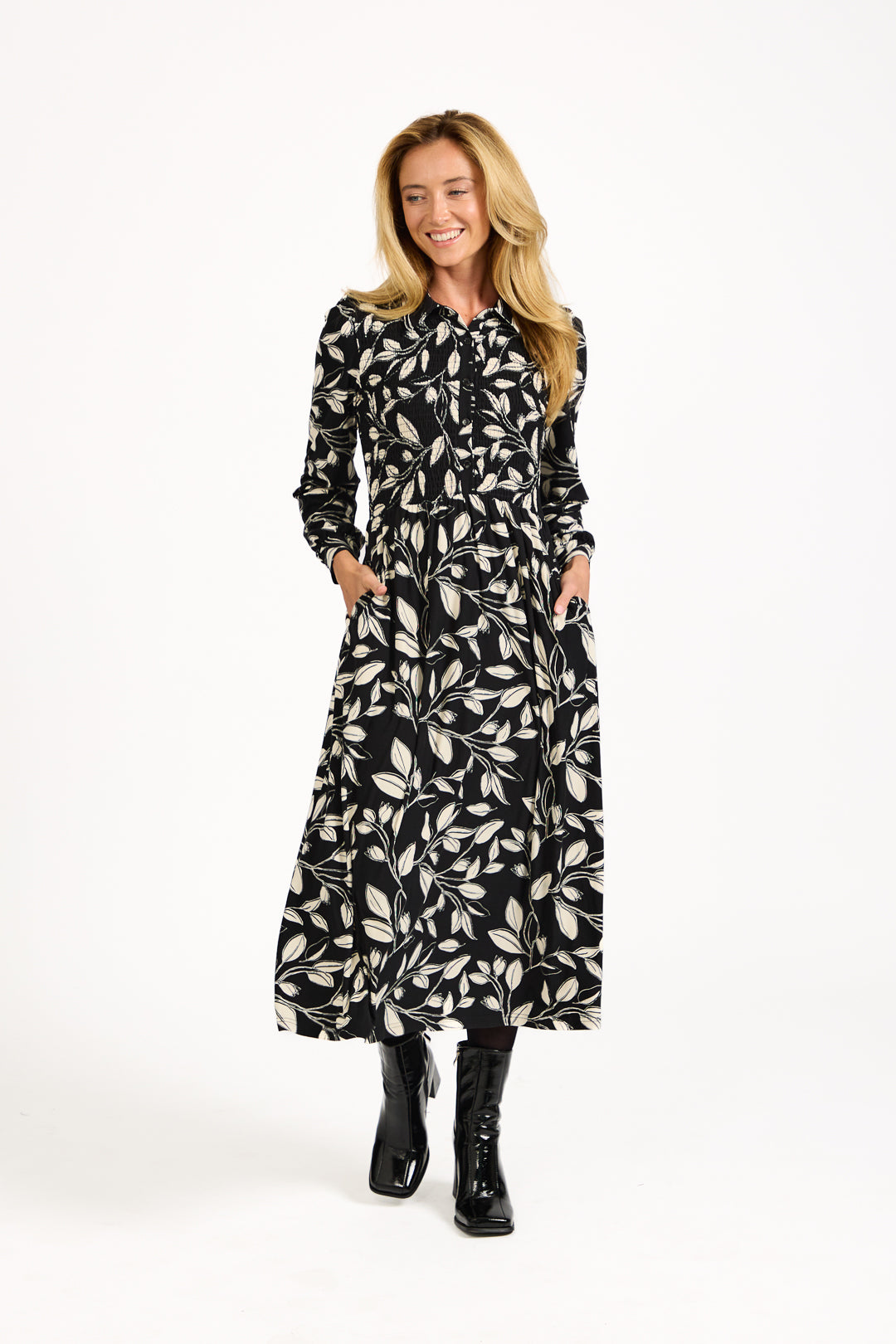 Leaf Print Soft Touch Shirred Bodice Button-Up Midi Dress