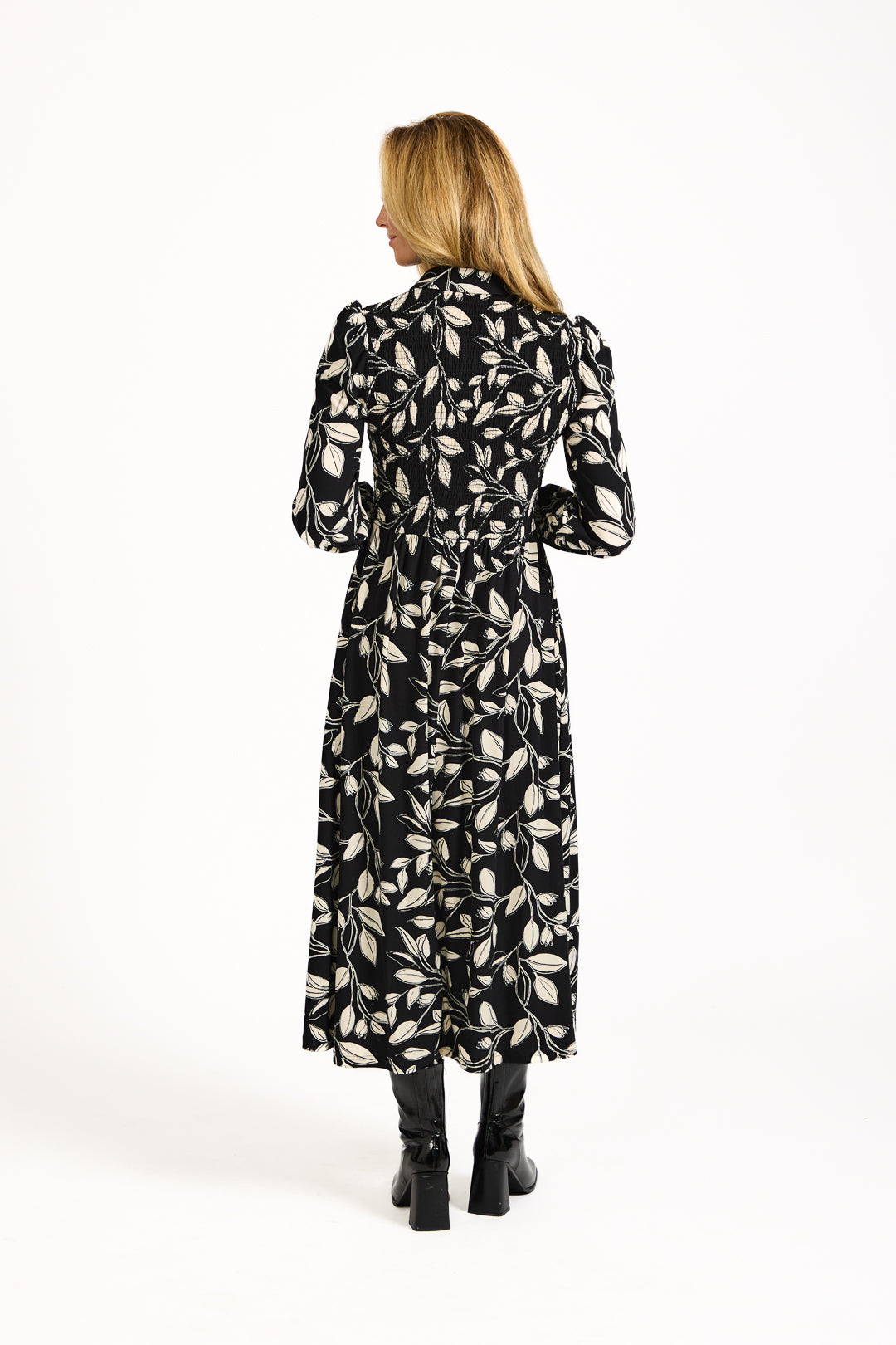 Leaf Print Soft Touch Shirred Bodice Button-Up Midi Dress