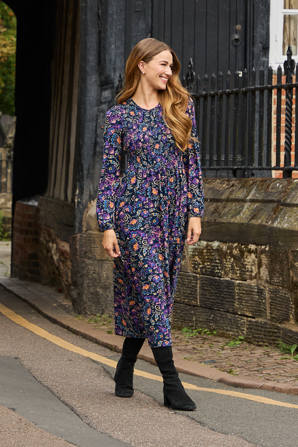 Floral Print Shirred Soft Touch Bodice Dress
